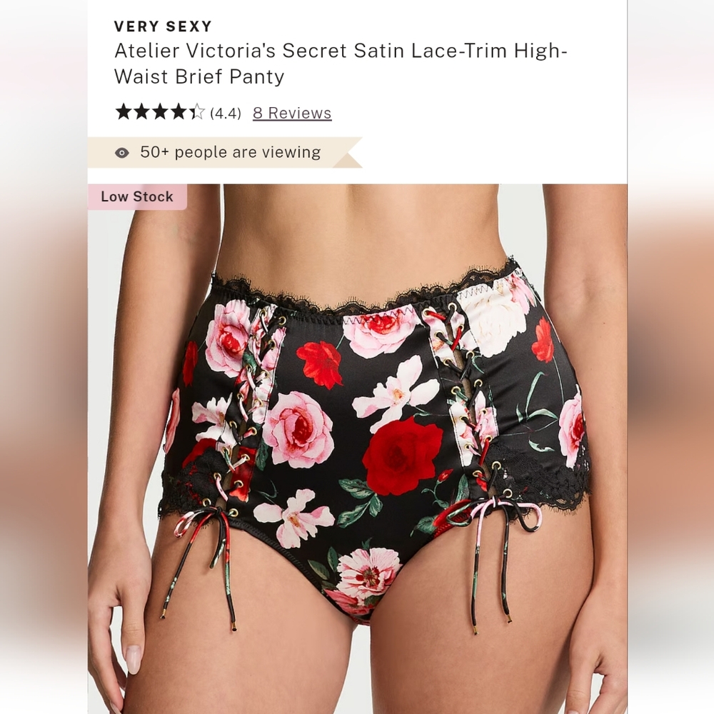 Victoria's secret luxe silk satin lace trim high waist brief panty ROSES LARGE